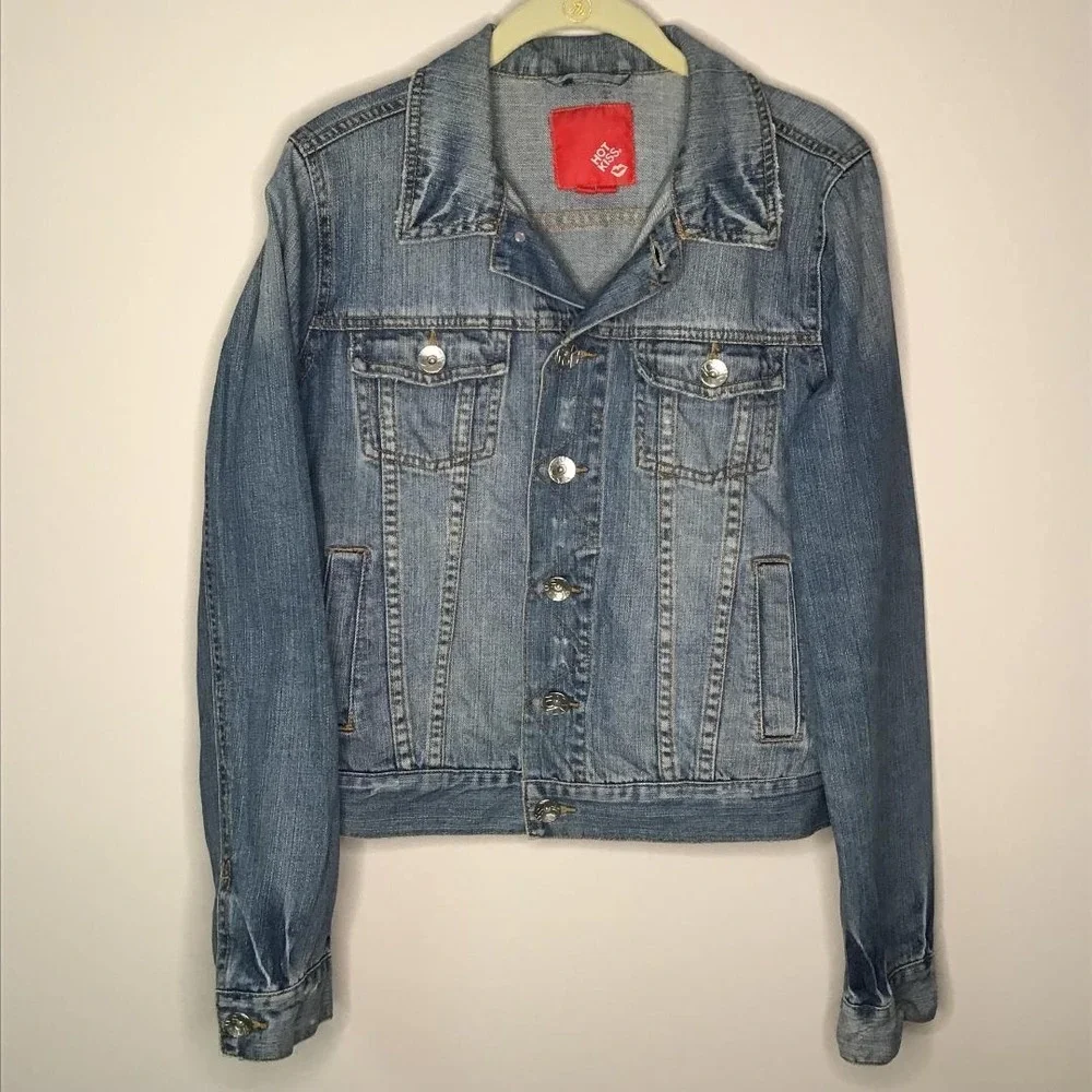 Hot Kiss Womens Medium Wash Denim Trucker Jacket Y2K Coastal Cowgirl Grunge Boho